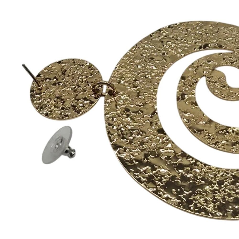 NWT PrettyLittleThing Gold Textured Swirl Disk Statement Earrings Drop Dangle - Picture 7 of 16